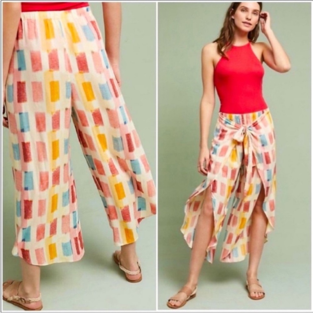 Anthropologie Lilka Dahlia Watercolor Tie Front Wrap Palazzo Sarong Pants